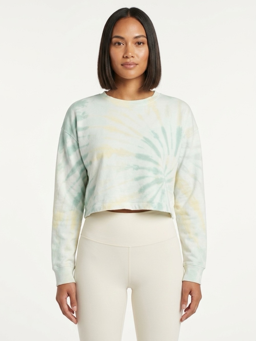Beyond Yoga Cropped Sweatshirt Spiral Tie Dye Cotton Ivory Blue Medium